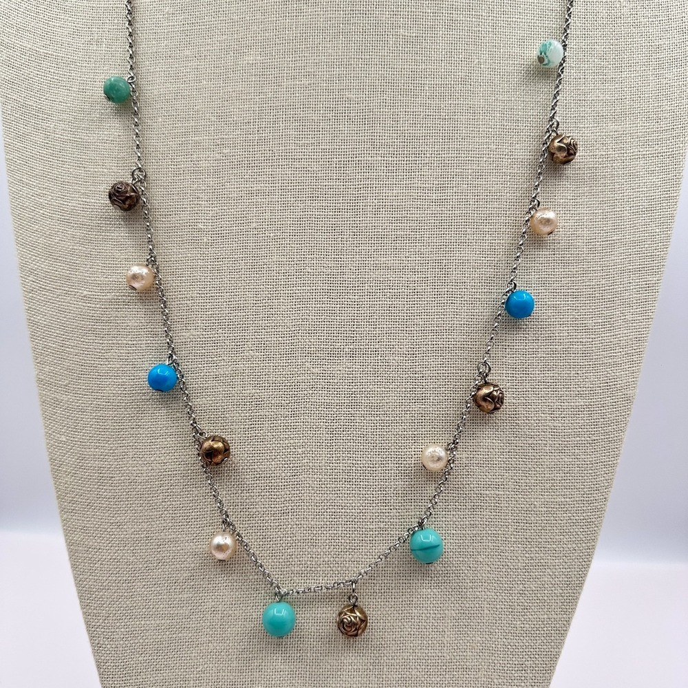 Vintage 80s Long MultiColor Turquoise Pearl Bronze Tone Station Necklace Jewelry